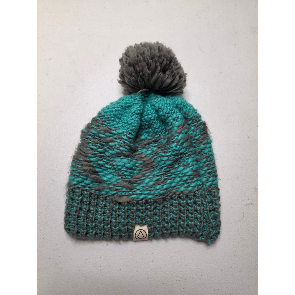 Volcom True To This Beanie Teal Grey Chunky Knit Pom Pom Winter Hat Womens OS